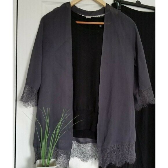 Divided H&M Gray Sheer Open Front Jacket/Cardigan Lace Trim 3/4Sleeve Size 4 - Picture 1 of 7